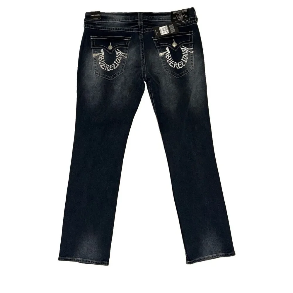 True Religion Embroidered Back Flap Pockets Straight Sz 38x34 Dark Blue Denim